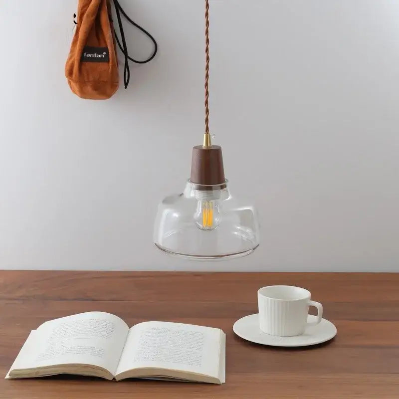 Clear glass pendant lamp with wooden walnut top and braided cord from DecorBites led pendant collection for modern decor
