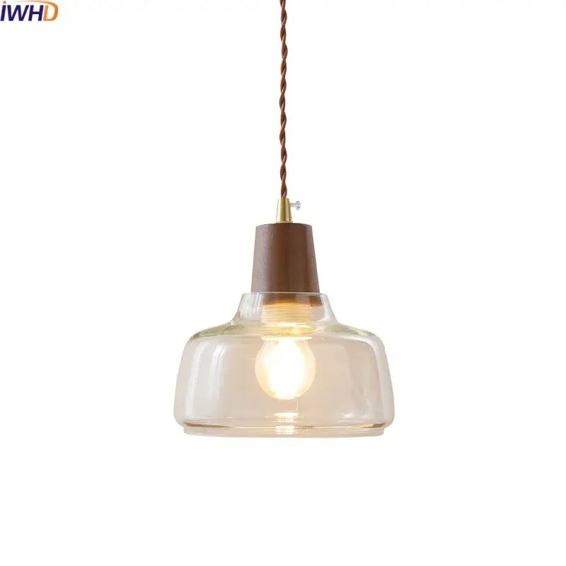 A warm-toned walnut glass pendant lamp with wooden top and twisted copper cord from decorbites led pendant collection