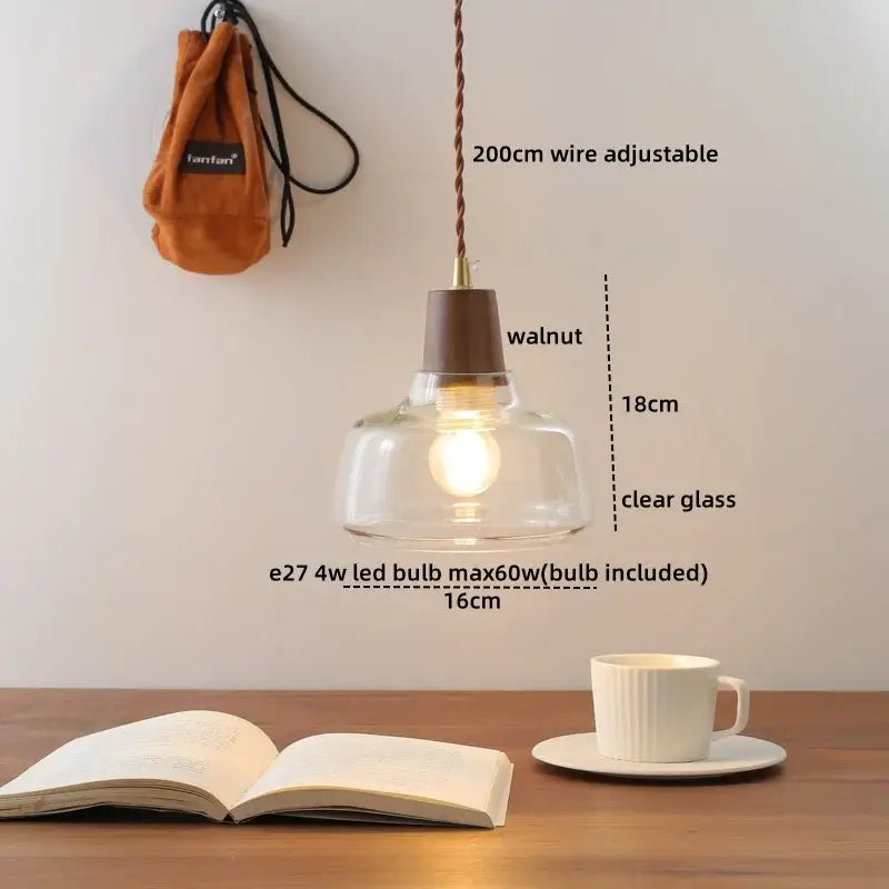 Clear glass pendant lamp with walnut-finished metal top and adjustable 200cm braided wire by decorbites led pendant