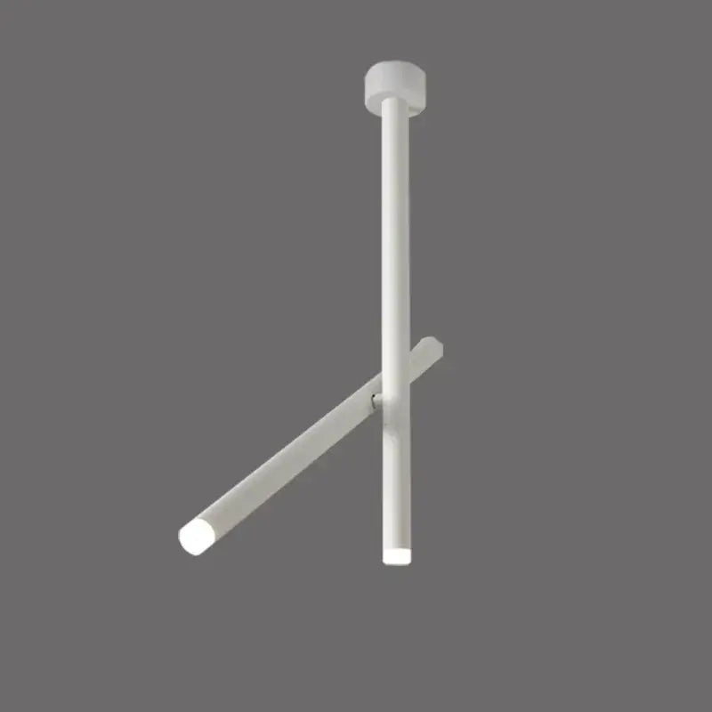 Minimalist white cylindrical DecorBites LED pendant light with intersecting arms and frosted glass ends for living room