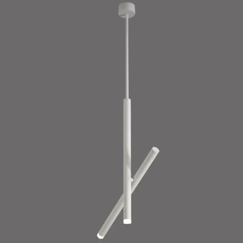 Modern white cylindrical DecorBites LED pendant light with intersecting rods and minimalist design for living room use