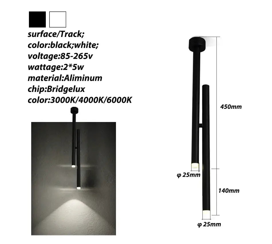 Black aluminum decorbites led pendant light with two vertical arms and adjustable 3000k to 6000k bridgelux led chips