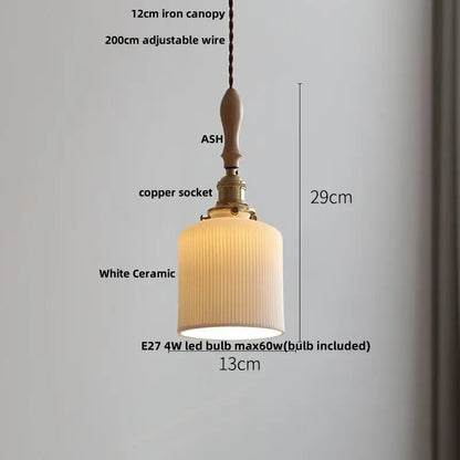 Decorbites led pendant light with warm-toned white ceramic ridges, brass copper socket, and ash wood canopy in japanese style