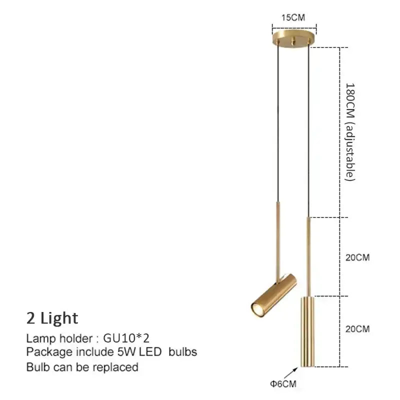 Gold-finished decorbites led pendant light with two adjustable gu10 led bulbs and sleek cylindrical design for home decor