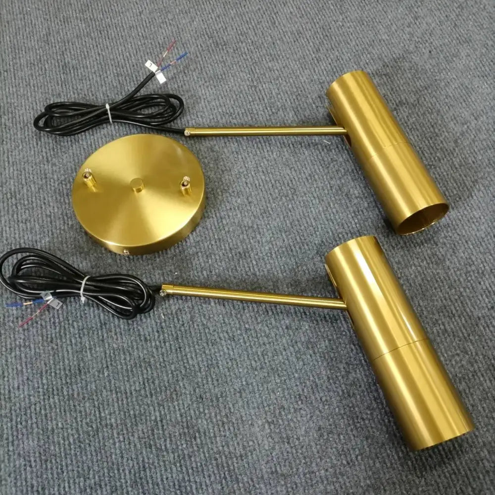 Gold-finished double-arm wall-mounted lamp with cylindrical heads and circular plate for decorbites led pendant light