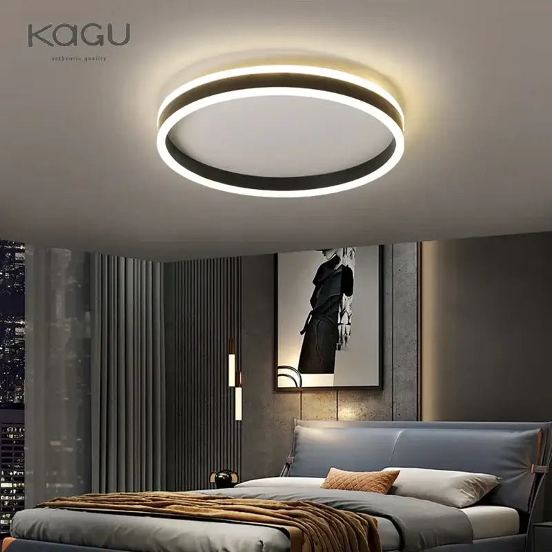 Modern circular DecorBites LED pendant light ceiling lamp with black and white design and warm ambient glow for living areas