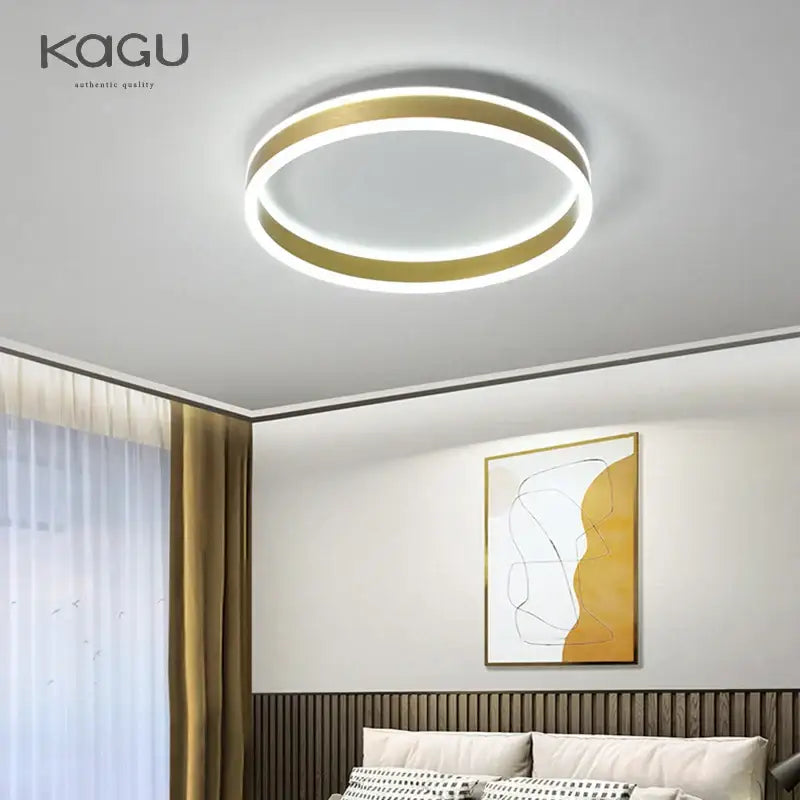 Modern decorbites led pendant ceiling lamp featuring sleek gold and white circular rings for minimalist living room decor