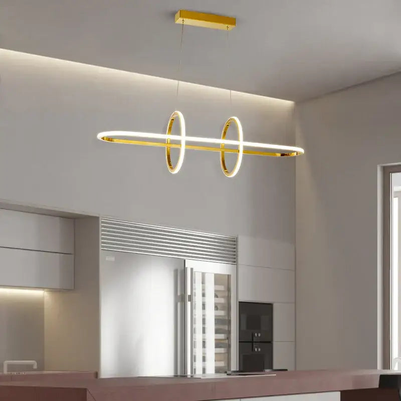 Gold-finished DecorBites LED pendant light chandelier featuring two glowing circular rings for modern home decor