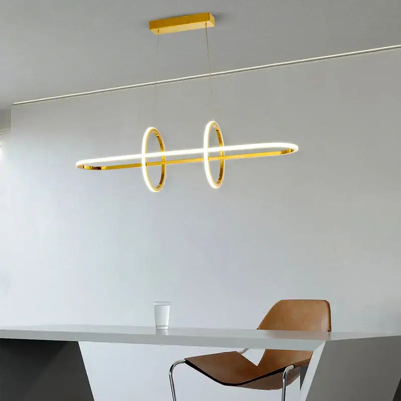 Modern gold-finished decorbites led pendant light chandelier with two glowing circular rings for modern home decor