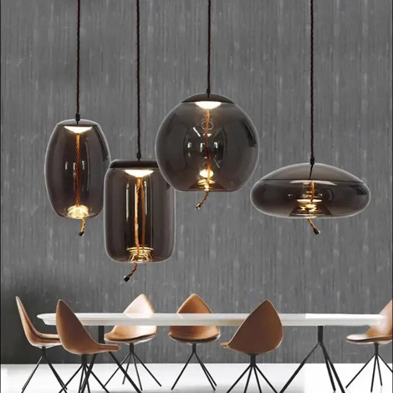 Set of DecorBites led pendant light chandelier with sleek dark smoked glass shades and visible filament bulbs for modern living