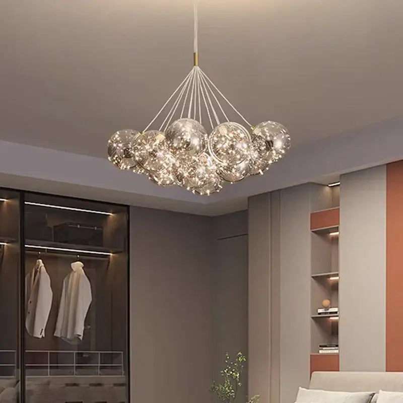 Modern cluster chandelier decorbites led pendant light with clear glass spheres and gold ceiling fixture for living room decor