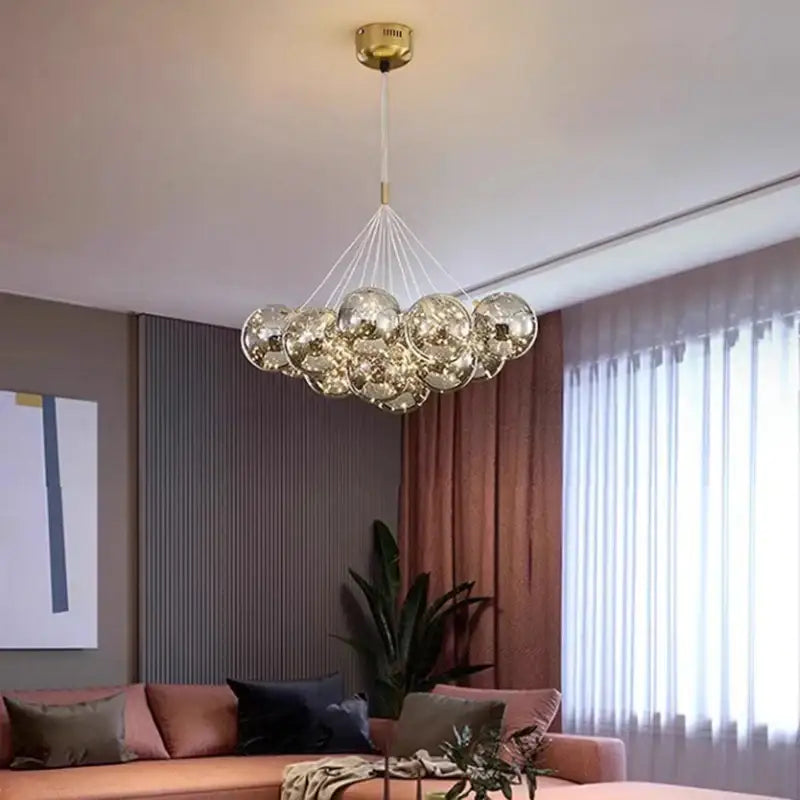 DecorBites™ led pendant light chandelier with clear glass spheres and gold ceiling fixture for living and dining room décor