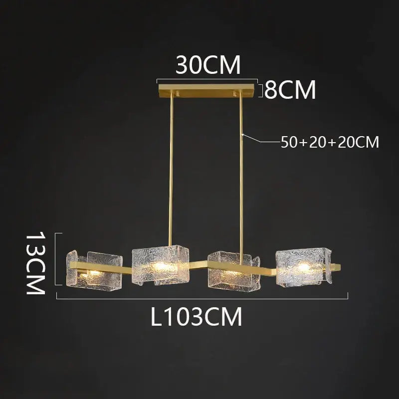 Gold-toned decorbites led pendant light chandelier with four textured glass cubes for indoor living and dining rooms