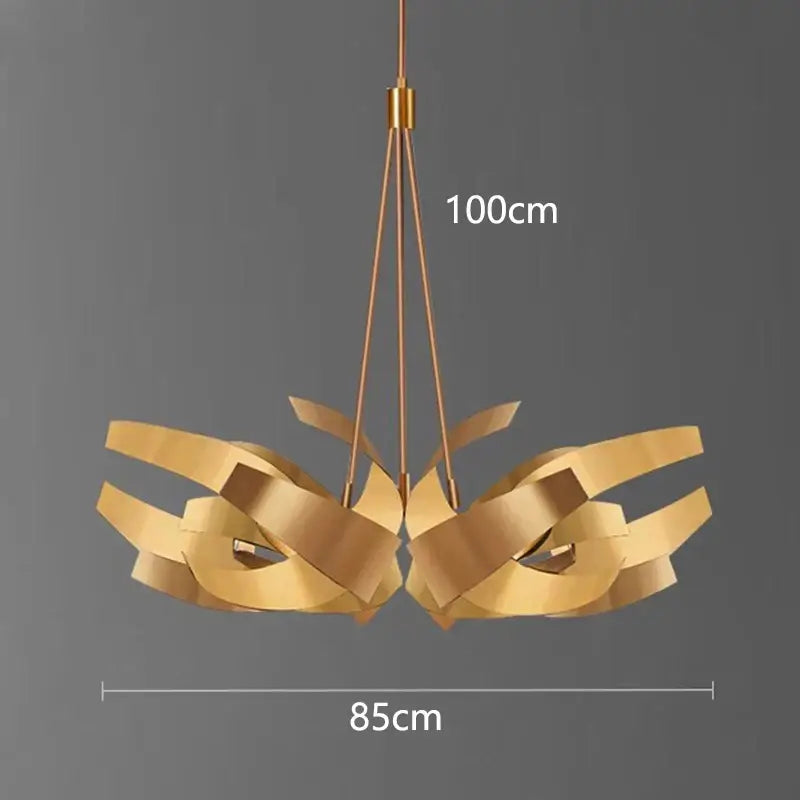 A modern gold-toned metal decorbites led pendant light chandelier with sculptural ribbon-like arms for indoor use