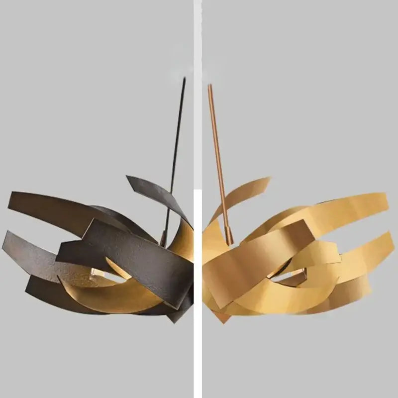 Modern abstract decorbites led pendant light with interwoven matte black and brushed gold metallic bands for indoor use