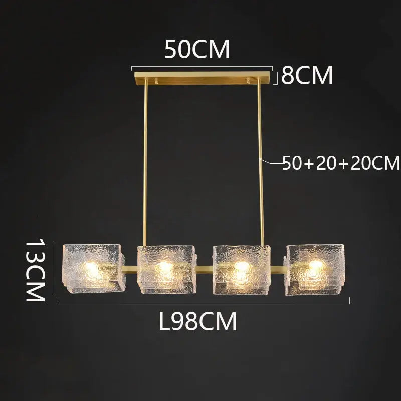 Gold-toned DecorBites led pendant light chandelier with four frosted glass cubes for living and dining room lighting