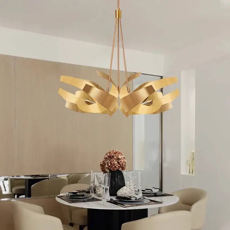 Gold-toned sculptural decorbites led pendant chandelier with layered ribbon arms for living room and dining room lighting