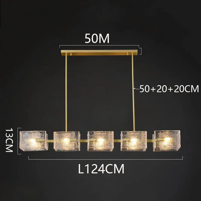 Gold-toned metal frame decorbites led pendant with five textured frosted glass cubes for indoor lighting chandelier