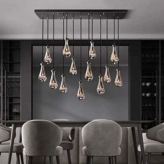 Modern black rectangular decorbites led pendant chandelier with teardrop glass pendant lights for indoor lighting