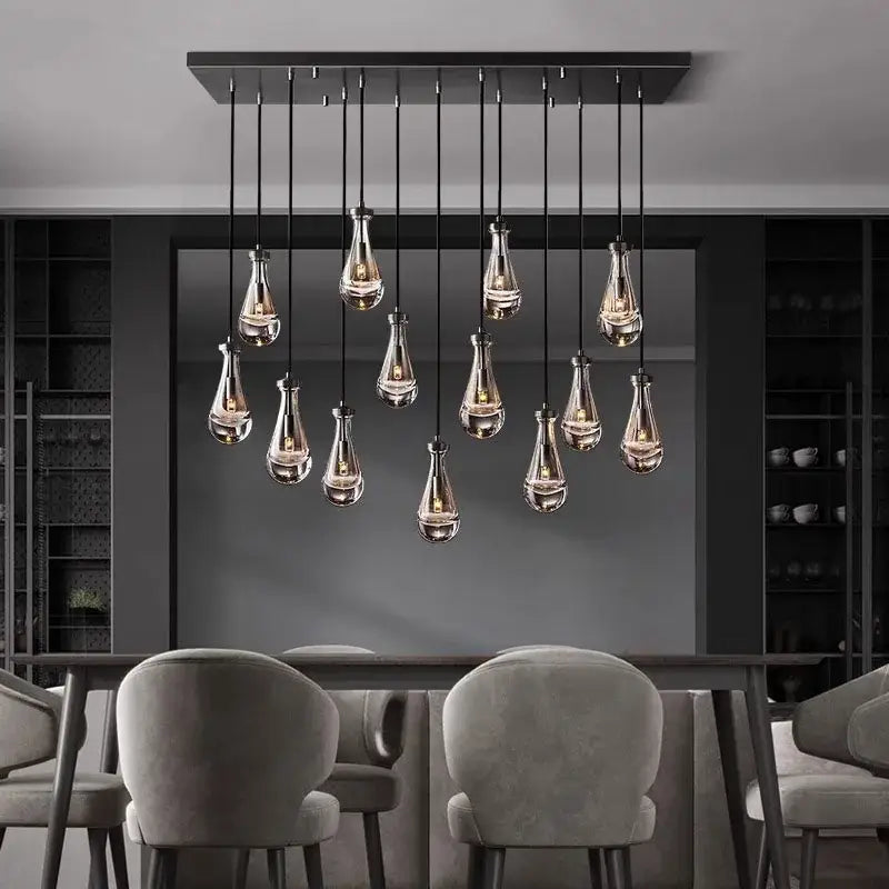 Modern black rectangular decorbites led pendant chandelier with teardrop glass pendant lights for indoor lighting
