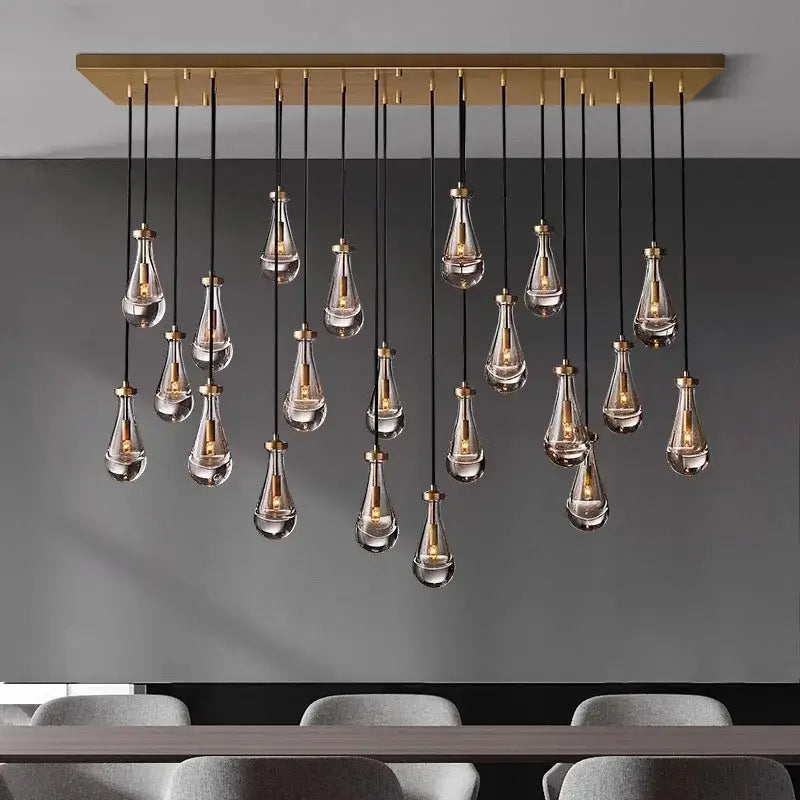 Modern brass rectangular decorbites led pendant chandelier with clear glass teardrop pendant lights for indoor lighting