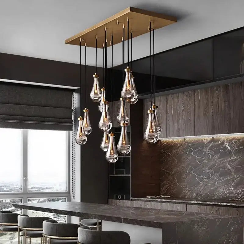 Modern brass rectangular decorbites led pendant chandelier with clear glass teardrop pendant lights for indoor use