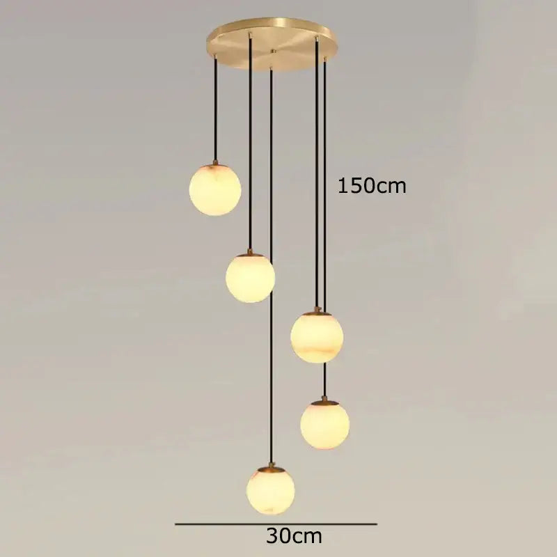 Modern decorbites led pendant light chandelier with five frosted glass globes and brass finish for indoor living spaces