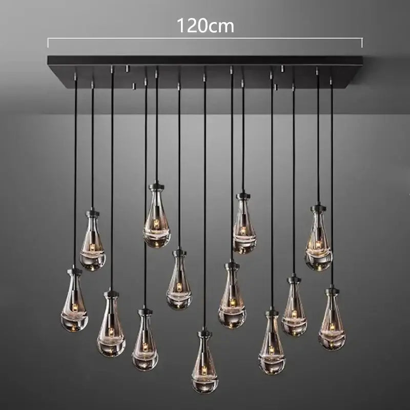 Black rectangular decorbites led pendant light fixture with twelve warm glass teardrop pendant lights for indoor use