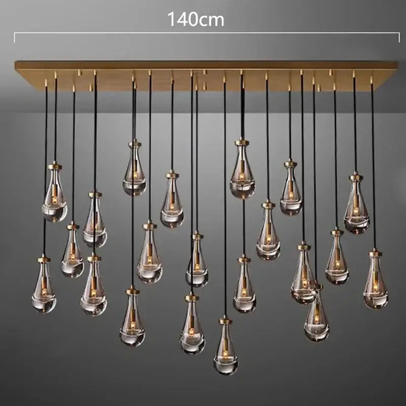 Modern 140cm decorbites led pendant chandelier with gold metal frame and clear glass teardrop pendant lights for indoor use