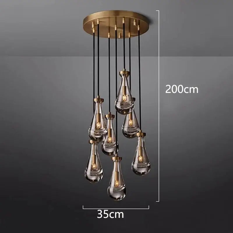 DecorBites led pendant light chandelier with seven brass-finished teardrop pendant lights for indoor lighting