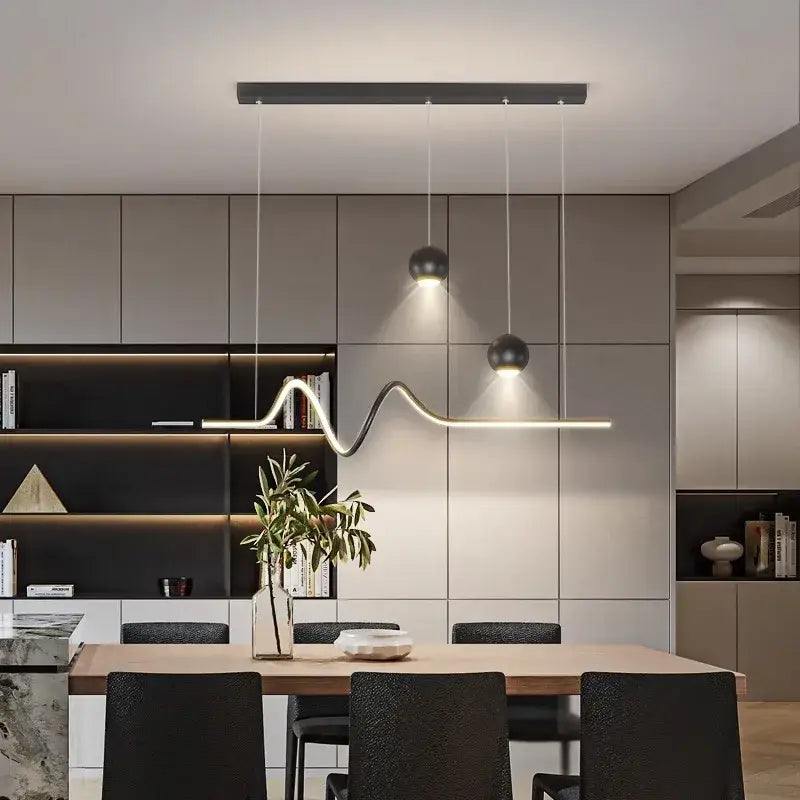 Modern black decorbites led pendant light chandeliers with sleek wave-shaped design hang above dining table for indoor lighting
