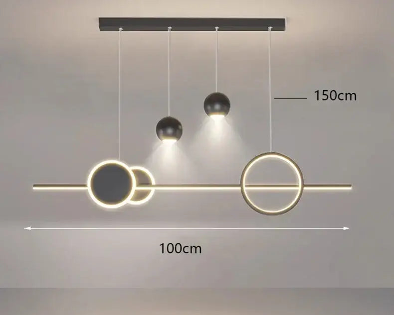 Decorbites led pendant light chandelier featuring modern black and gold design with circular led rings and spherical bulbs