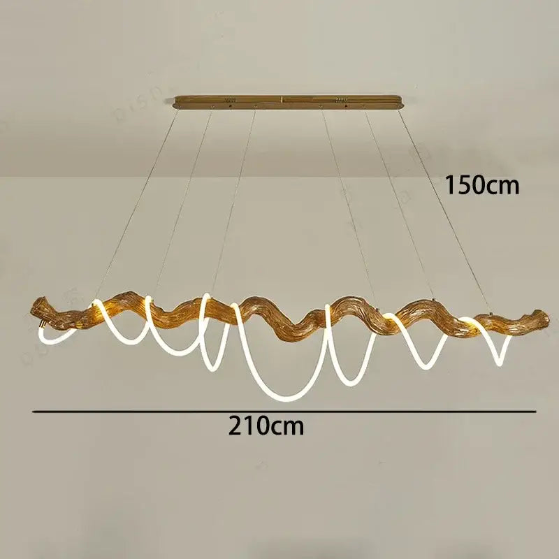 Modern 210cm decorbites led pendant light chandelier with golden-brown twisted wood and white led light strips for indoor lighting