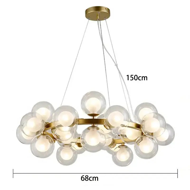 Gold-toned decorbites led pendant light chandelier with clear glass globe bulbs for modern living and dining room decor