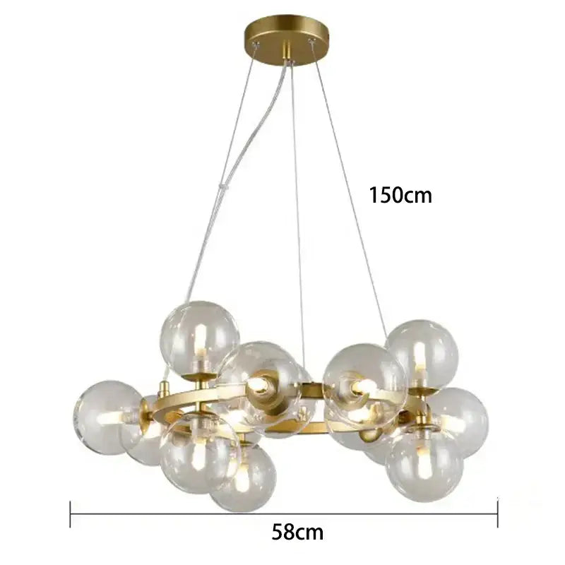 Gold-toned DecorBites led pendant light with clear glass globe bulbs in a circular cluster for modern home decor