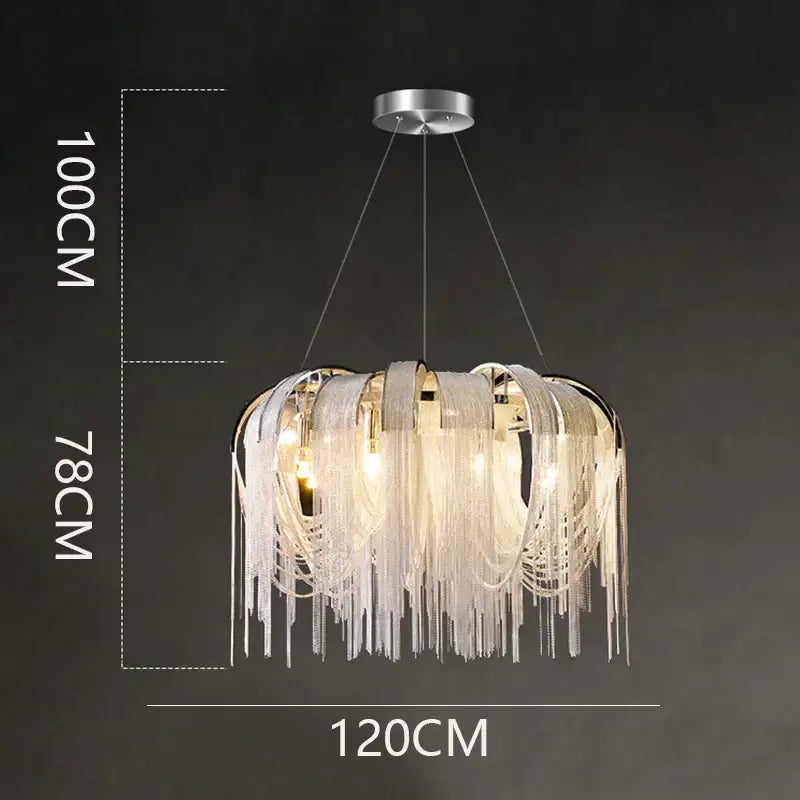 Decorbites led pendant light chandelier with cascading white crystal strands and silver metal frame for modern decor