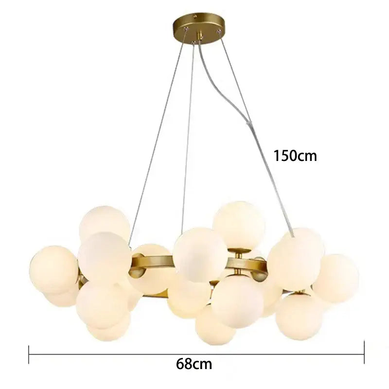 Gold-toned decorbites led pendant light chandelier with frosted glass globe bulbs for modern living and dining rooms
