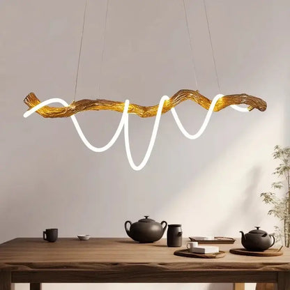 A modern golden twisted branch decorbites led pendant light with integrated white led strip for indoor lighting