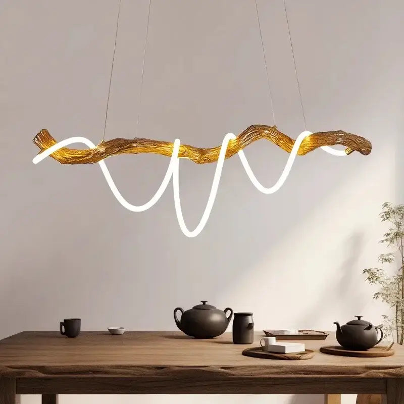 A modern golden twisted branch decorbites led pendant light with integrated white led strip for indoor lighting