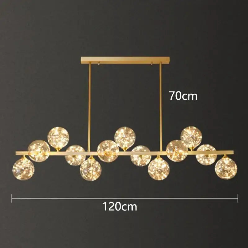 Gold-toned decorbites led pendant light chandelier with multiple spherical crystal pendants for modern indoor lighting
