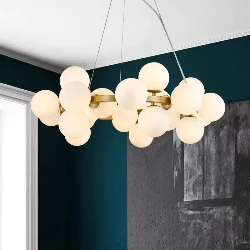 Decorbites led pendant modern brass chandelier with frosted glass globe bulbs for living room and dining room lighting