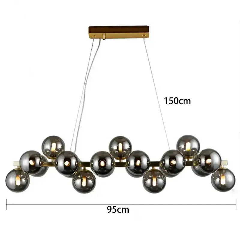 A modern decorbites led pendant featuring smoked glass spheres on a gold metal frame with wooden accents for living rooms