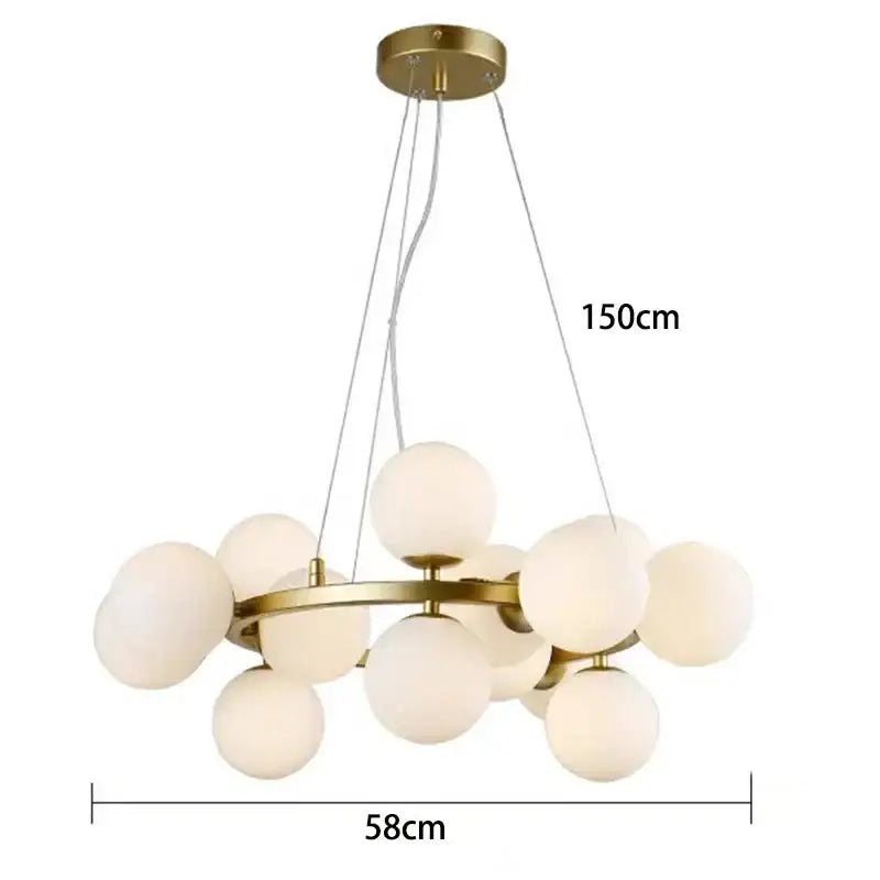 Gold-toned decorbites led pendant light chandelier with frosted glass spheres for modern living and dining rooms