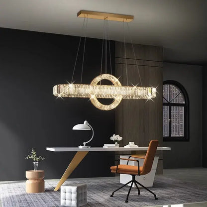 Gold-toned DecorBites LED pendant light chandelier with geometric interlocking circles and crystal accents for modern decor
