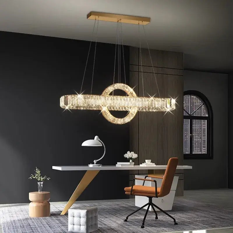 Gold-toned DecorBites LED pendant light chandelier with geometric interlocking circles and crystal accents for modern decor