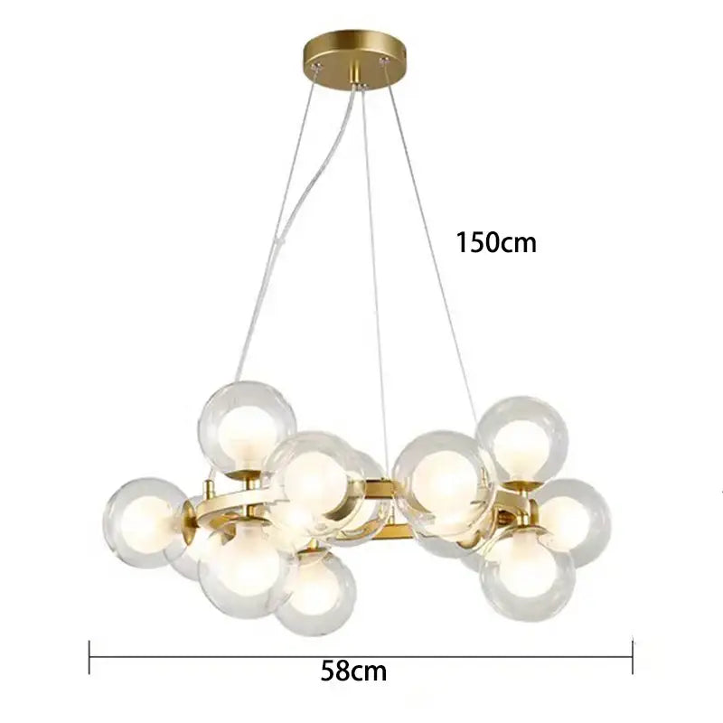 Gold-toned DecorBites led pendant light chandelier with clear glass globe bulbs for modern living and dining rooms