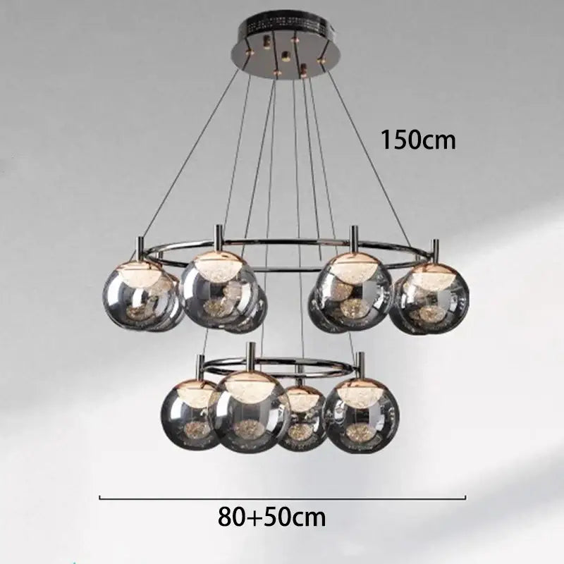 Modern chrome-finished DecorBites LED pendant light chandelier with two tiers of reflective glass globe shades for indoor lighting