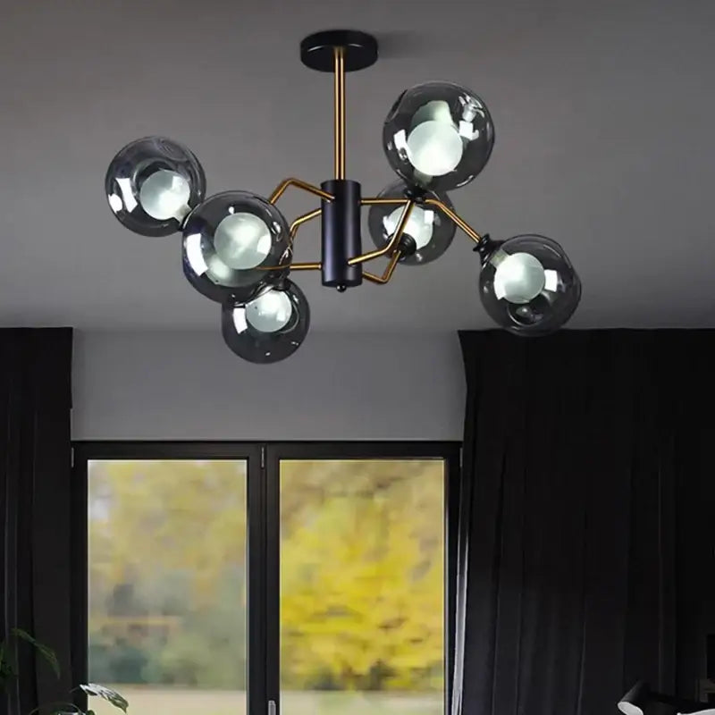 Modern chandelier with six smoked glass globes and brass metal frame decorbites led pendant for dining room lighting