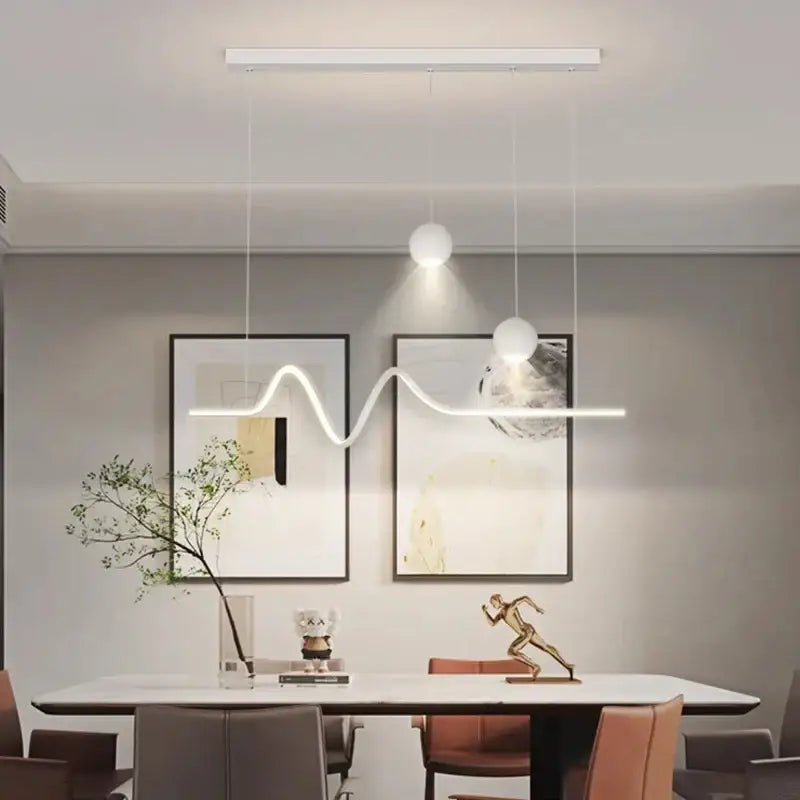 Modern white DecorBites LED pendant light with wave-shaped design and two spherical bulbs for indoor lighting