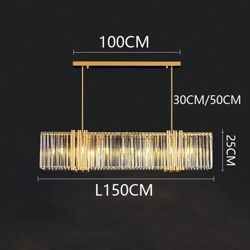 Gold-toned decorbites led pendant light chandelier with rectangular design and vertical crystal rods for modern indoor lighting